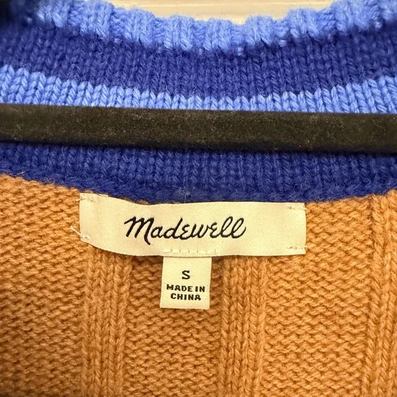 Madewell Camel Tan Ribbed V Neck Sweater Blue Stripe Trim Varsity Size S - Picture 3 of 12
